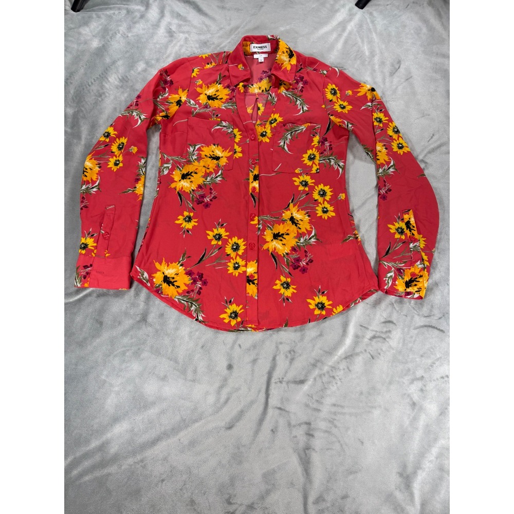 Express Portofino Slim Long Sleeve Blouse Red Floral Sunflower Size XS